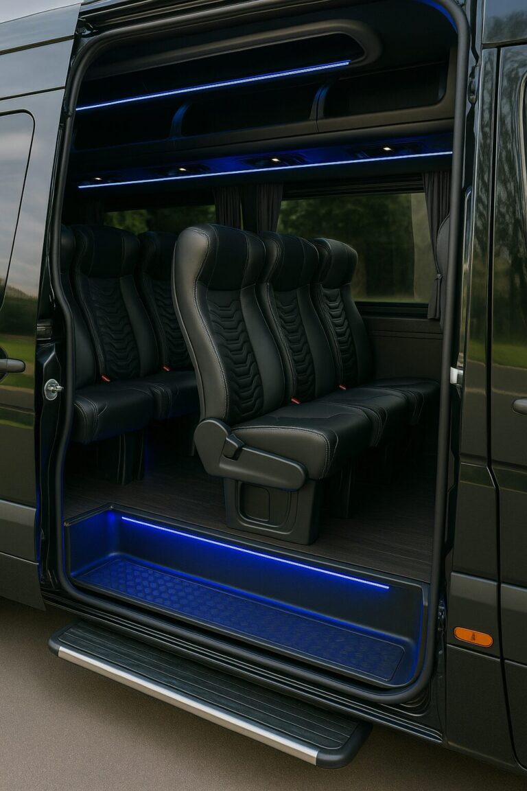 nterior da Mercedes Benz Sprinter executiva 15 lugares da Town Car com bancos de couro, iluminação em LED e amplo espaço para passageiros.